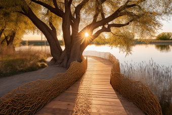 落日氛围池塘木板路太阳阳光