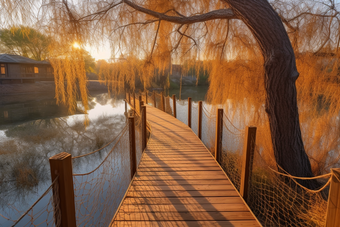 落日氛围池塘木板路黄昏太阳