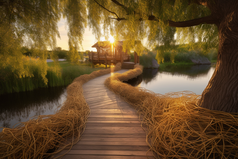 落日氛围池塘木板路摄影图20