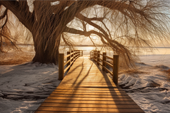 落日氛围冬季池塘木板路摄影图19