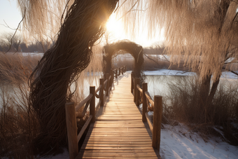 落日氛围冬季池塘木板路冬天太阳