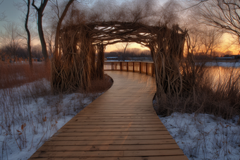 落日氛围冬季池塘木板路冬天夕阳