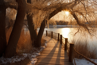 落日氛围冬季池塘木板路小路黄昏