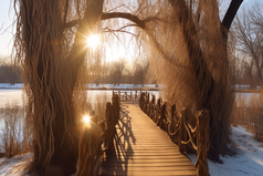 落日氛围冬季池塘木板路摄影图2