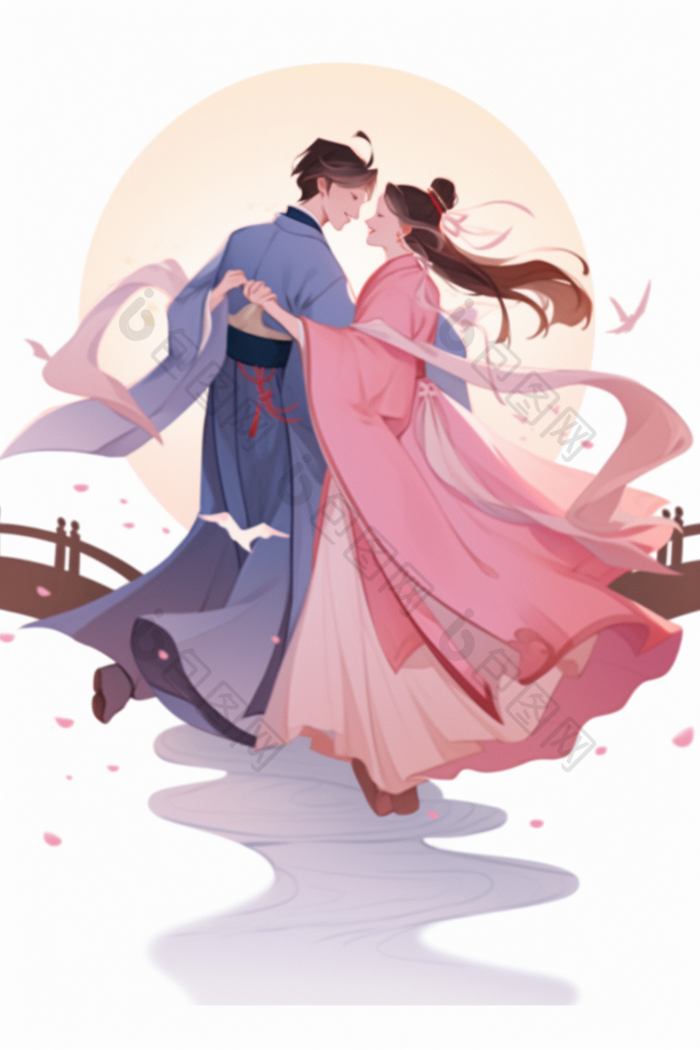 七夕牛郎织女古风情侣拥抱人物插画