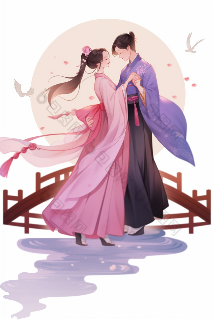 七夕牛郎织女古风情侣拥抱人物插画