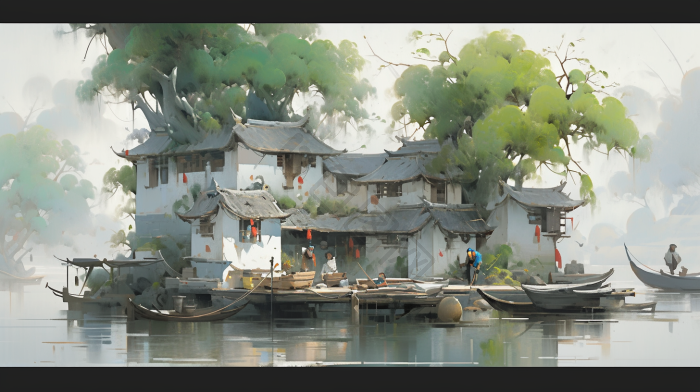 风江南水乡水粉画水粉插画