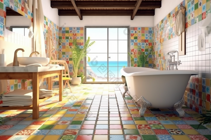 艺术瓷砖装饰的浴室波西米亚室内装饰