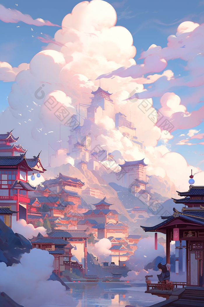 向国风云中古都群山隋唐插画图片-包图网