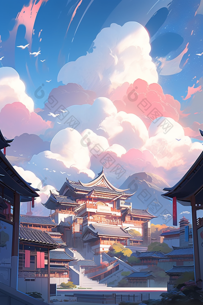 向国风云中古都山脉祥云插画图片-包图网
