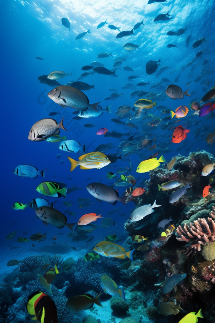 海底的深海鱼群海水珊瑚