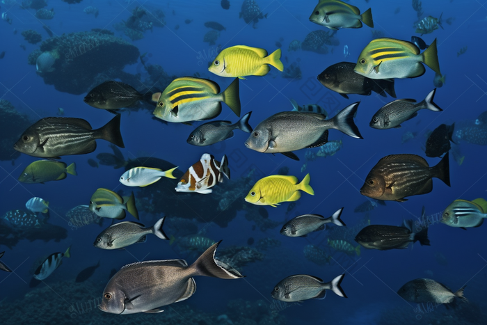 海底的深海鱼群横图海水珊瑚