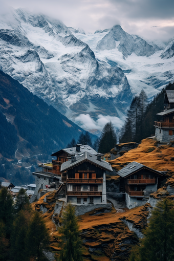 冬天雪山小镇欧洲美景