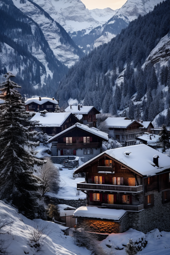 冬天雪山小镇欧洲雪景