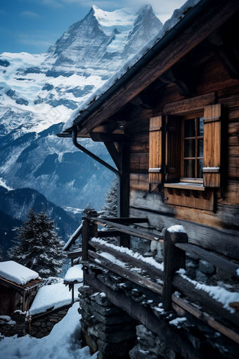 冬天雪山小镇欧洲风景