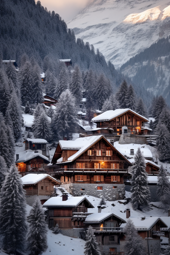 冬天雪山小镇美景风景