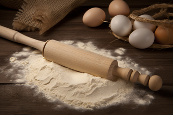 鸡蛋面粉擀面杖小麦木桌