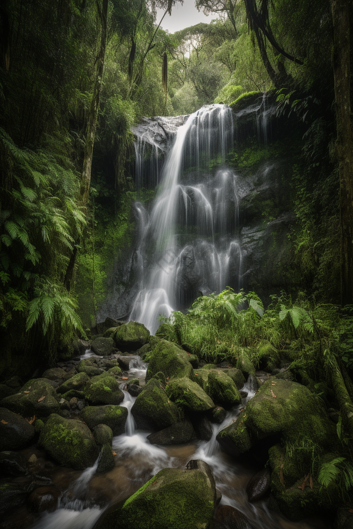 夏季林间山泉自然植物瀑布