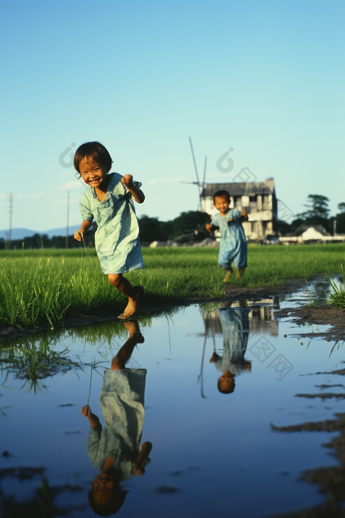 田地里玩耍的孩子夏季溪水