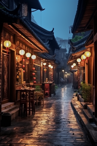 中国古镇夜色小镇建筑