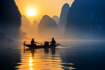 中式山水风景仙景渔民