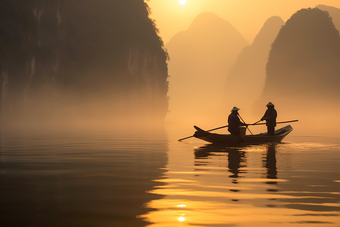 中式山水风景日出小船