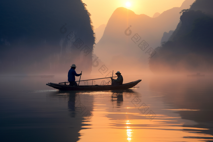 中式山水风景日出渔民