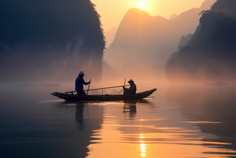 中式山水风景日出渔民