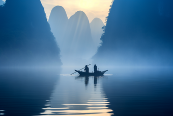 中式山水风景山峰渔民
