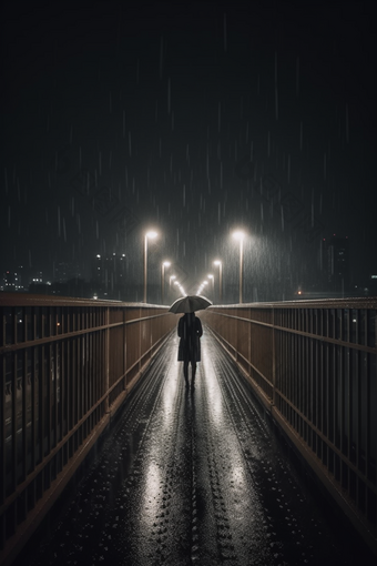 雨天大桥撑伞背影人物孤独