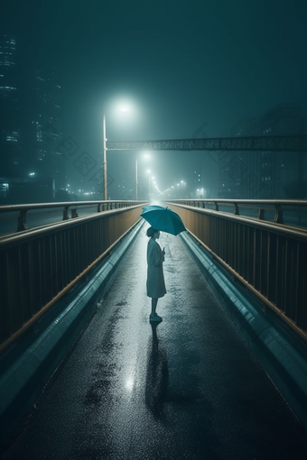 雨天大桥撑伞<strong>背影</strong>人物深夜