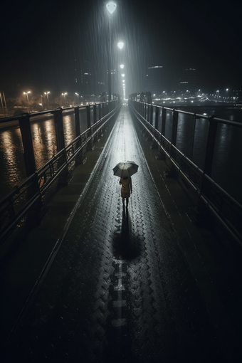 雨天大桥撑伞背影雨深夜