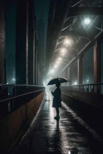 雨天大桥撑伞背影雨季人物