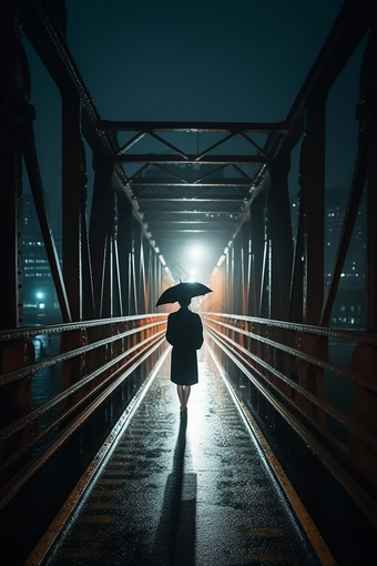 雨天大桥撑伞背影雨季夜晚