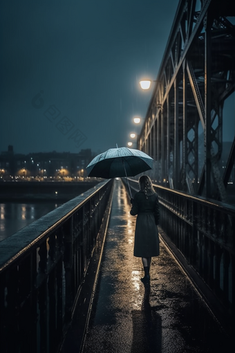 雨天大桥撑伞背影雨季孤独