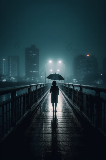 雨天大桥撑伞<strong>背影</strong>远离冷清