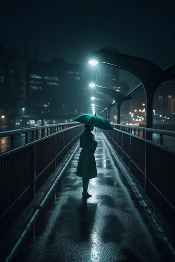 雨天大桥撑伞背影雨季冷清