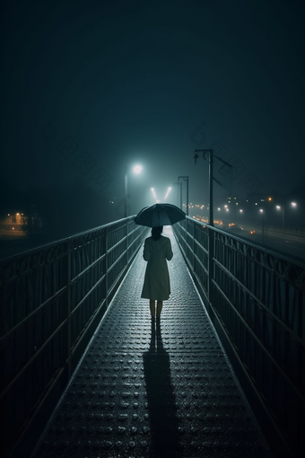 雨天大桥撑伞背影雨孤独