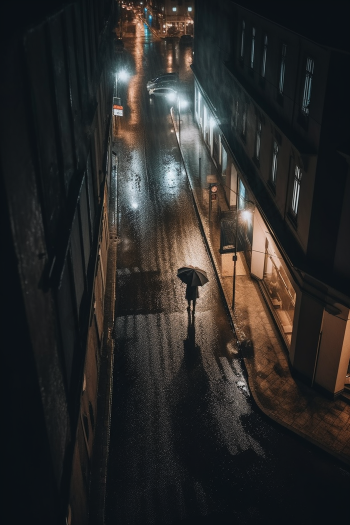 雨天街道撑伞背影雨季夜晚
