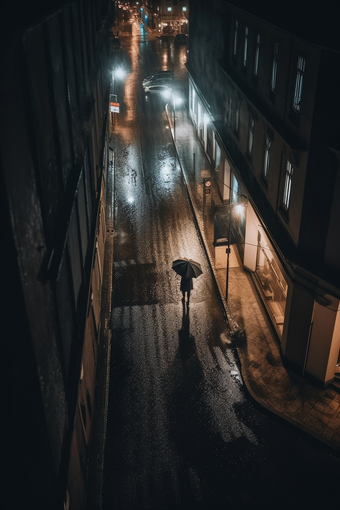 雨天街道撑伞<strong>背影</strong>雨季夜晚