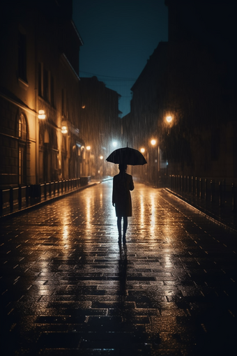雨天街道撑伞背影雨季黄昏