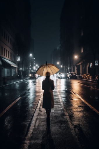 雨天街道撑伞背影雨行走