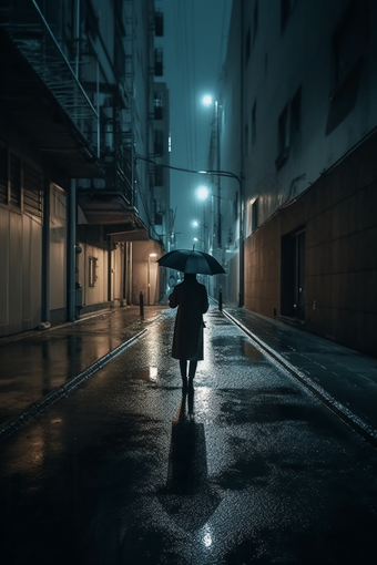 雨天街道撑伞背影人物夜晚