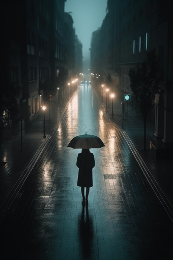 雨天街道撑伞背影远离孤独