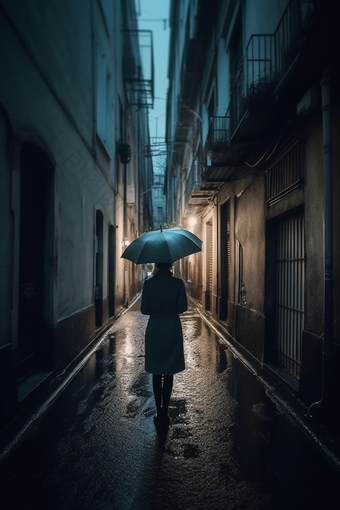 雨天街道撑伞背影雨深夜