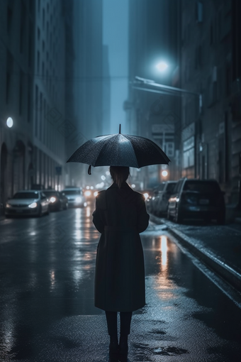 雨天街道撑伞背影雨季人物