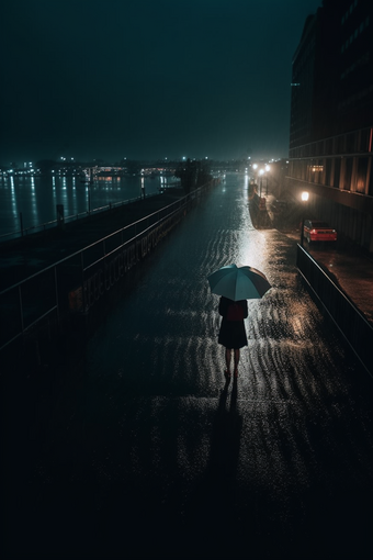 雨天街道撑伞背影雨孤独