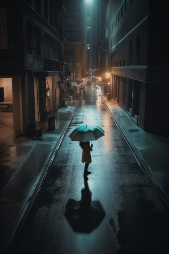 雨天街道撑伞背影人物行走