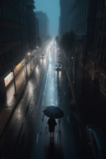 雨天街道撑伞背影人物黄昏