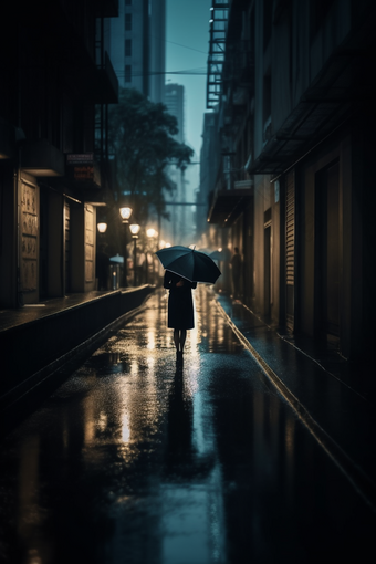 雨天街道撑伞背影雨冷清